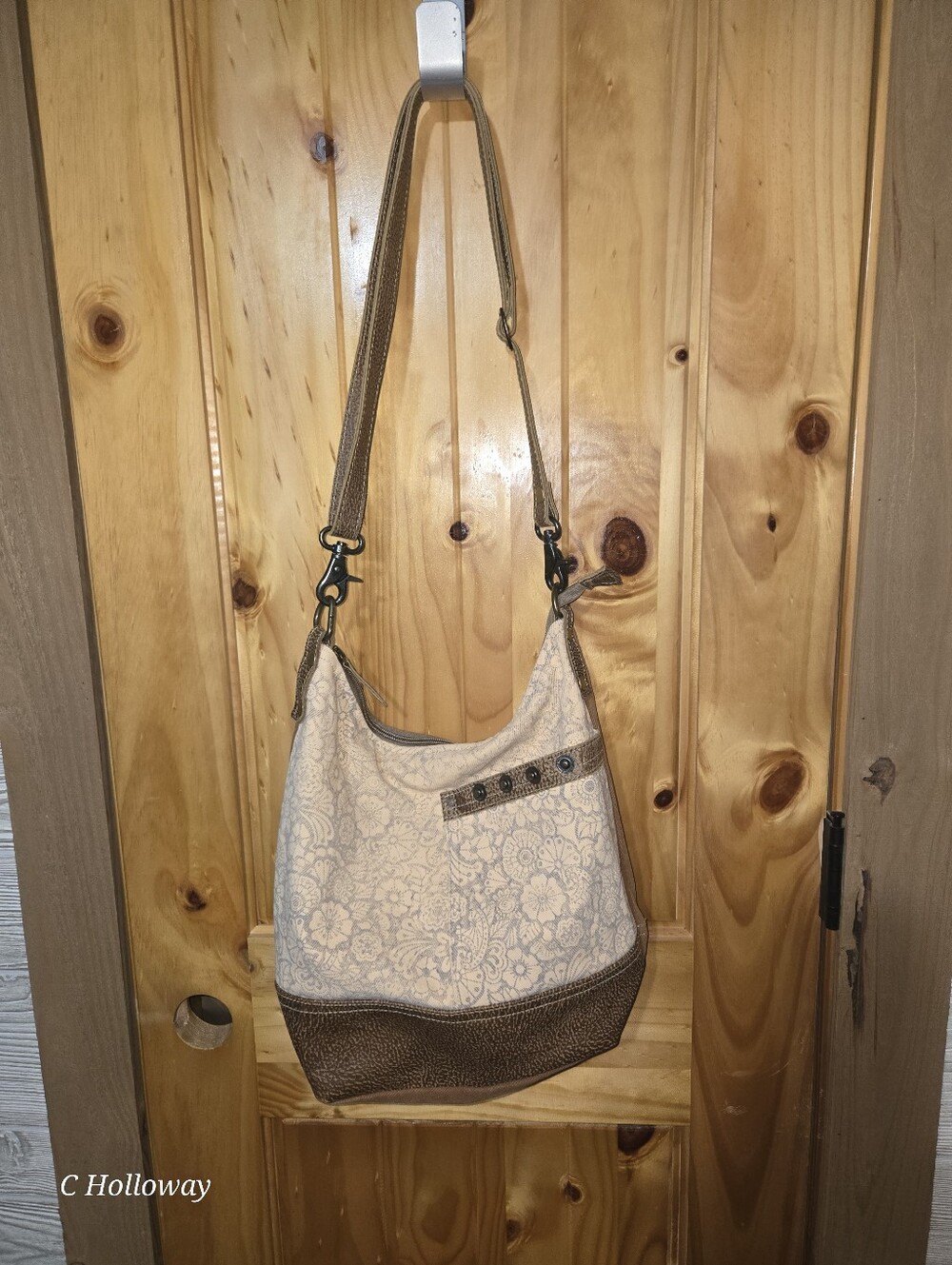 Myra Boho Brown Leather Floral Pribt Crossbody Canvas Bag